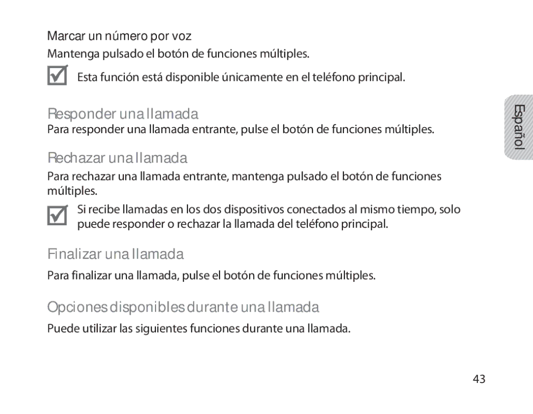 Samsung BHM1800EDECEUR manual Responder una llamada, Rechazar una llamada, Finalizar una llamada, Marcar un número por voz 