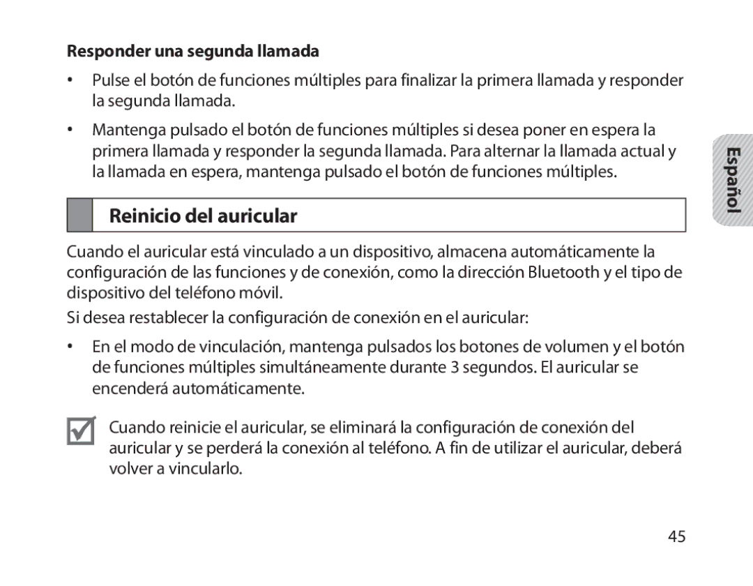 Samsung BHM1800EDRCSER, BHM1800EDECXEF, BHM1800EDECXEV, BHM1800EDECXEH Reinicio del auricular, Responder una segunda llamada 