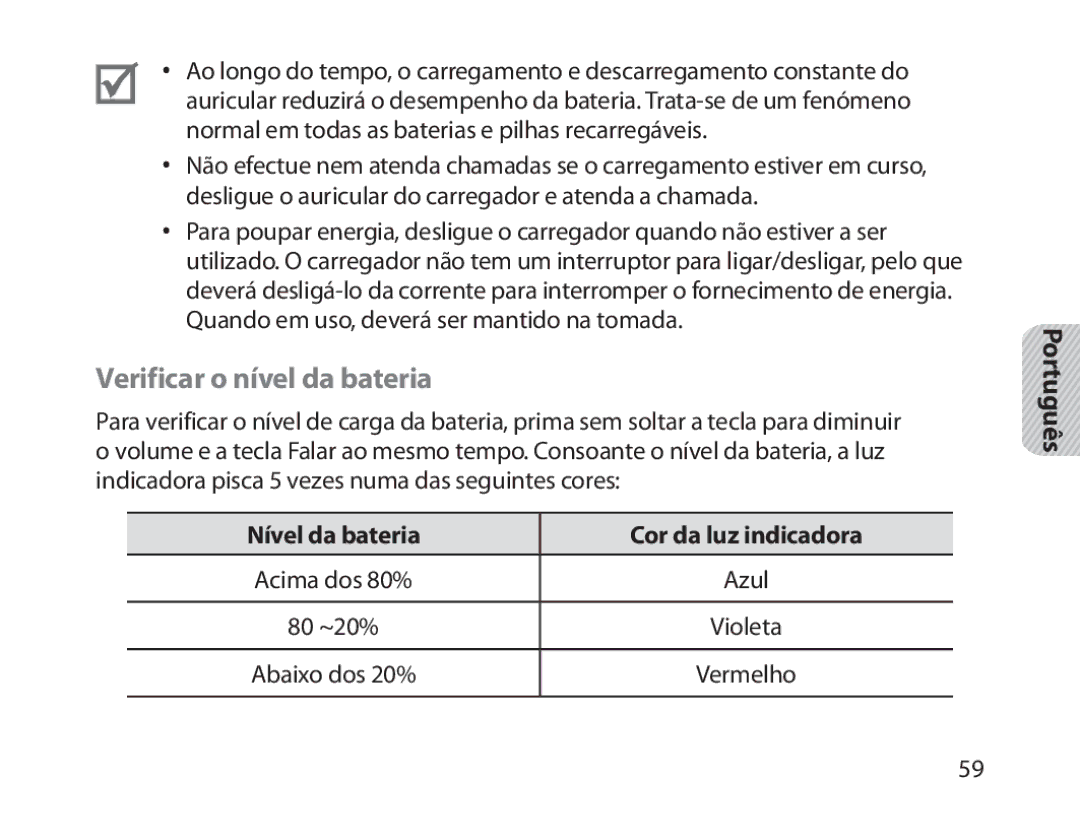 Samsung BHM1800EDECXEV, BHM1800EDECXEF, BHM1800EDECXEH Verificar o nível da bateria, Nível da bateria Cor da luz indicadora 