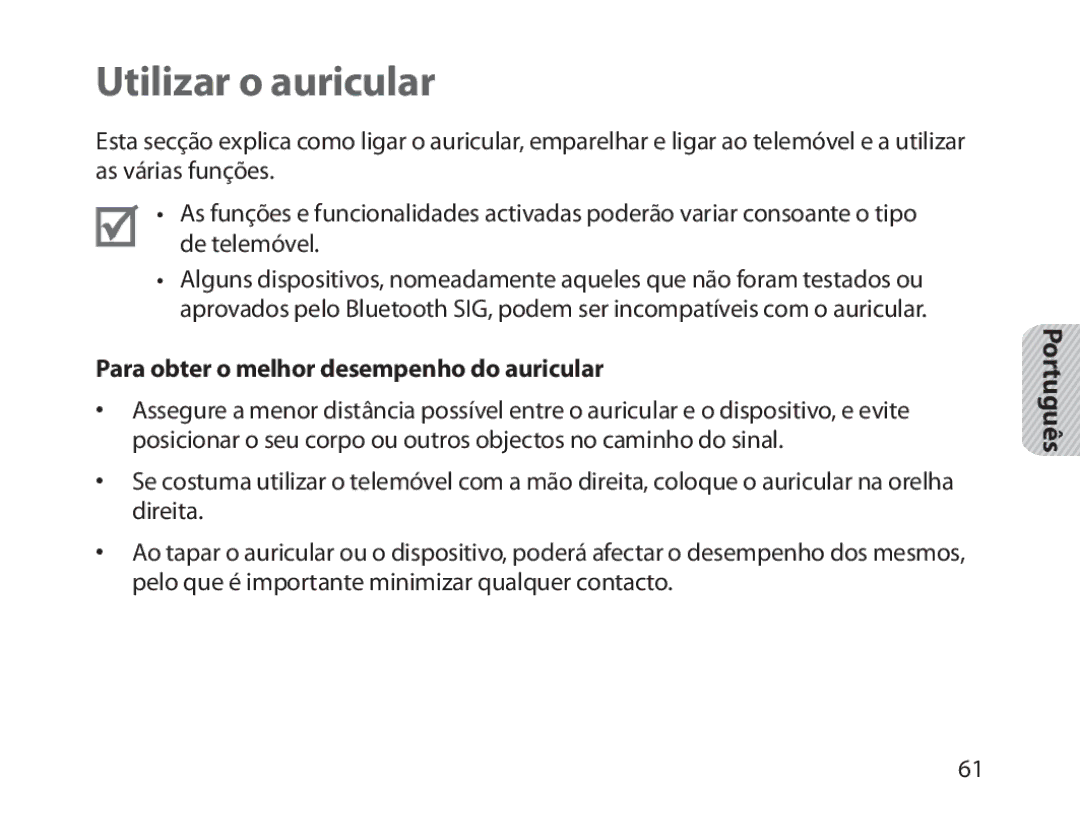 Samsung BHM1800EDECEUR, BHM1800EDECXEF, BHM1800EDECXEV Utilizar o auricular, Para obter o melhor desempenho do auricular 