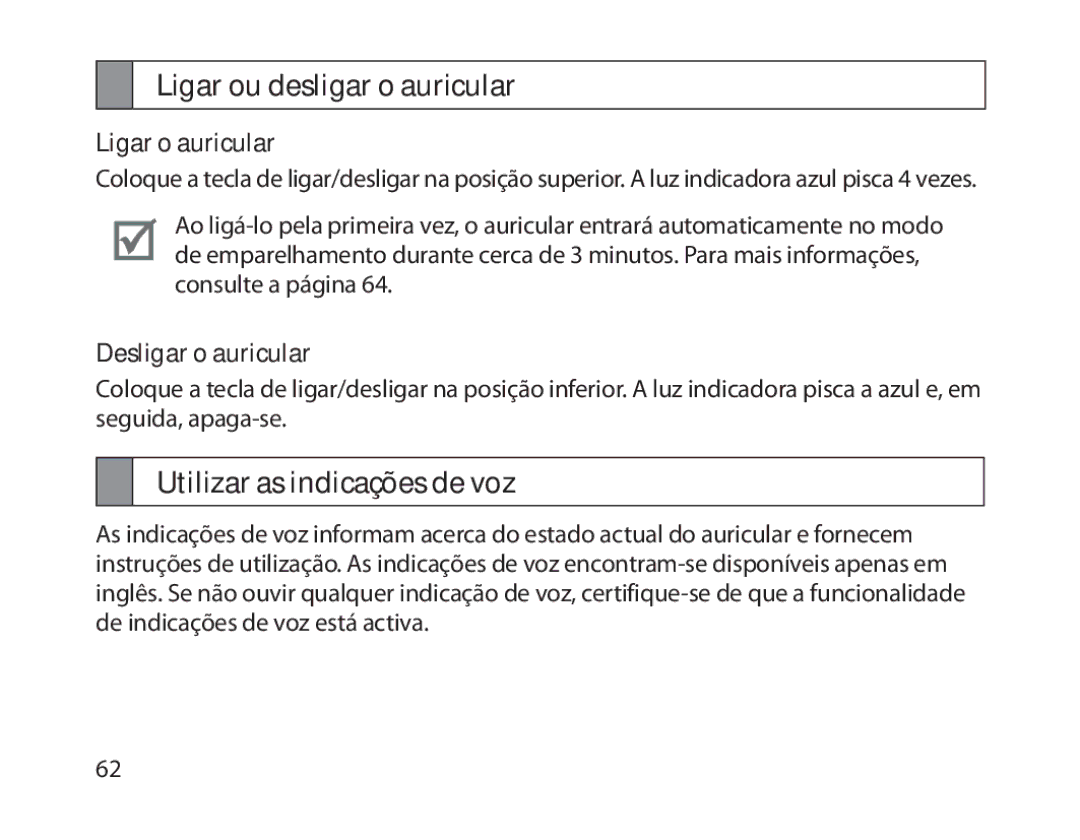 Samsung BHM1800EDECHAT, BHM1800EDECXEF Ligar ou desligar o auricular, Utilizar as indicações de voz, Ligar o auricular 