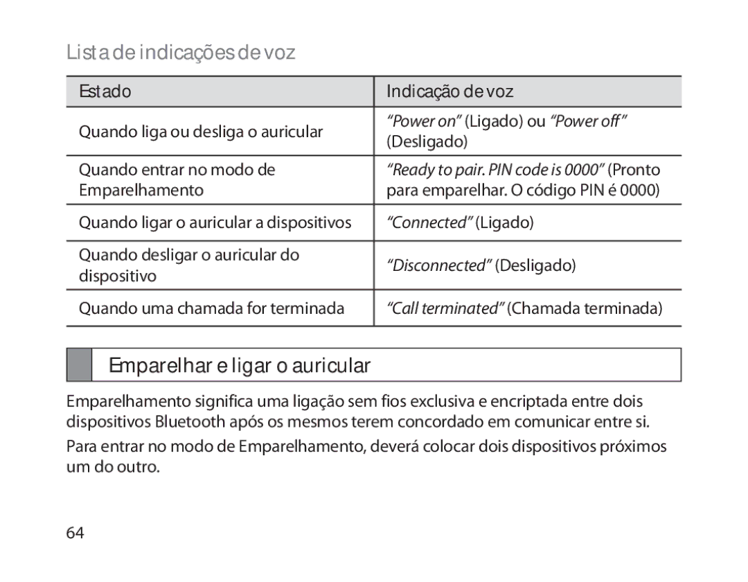 Samsung BHM1800EDECXEF, BHM1800EDECXEV Lista de indicações de voz, Emparelhar e ligar o auricular, Estado Indicação de voz 