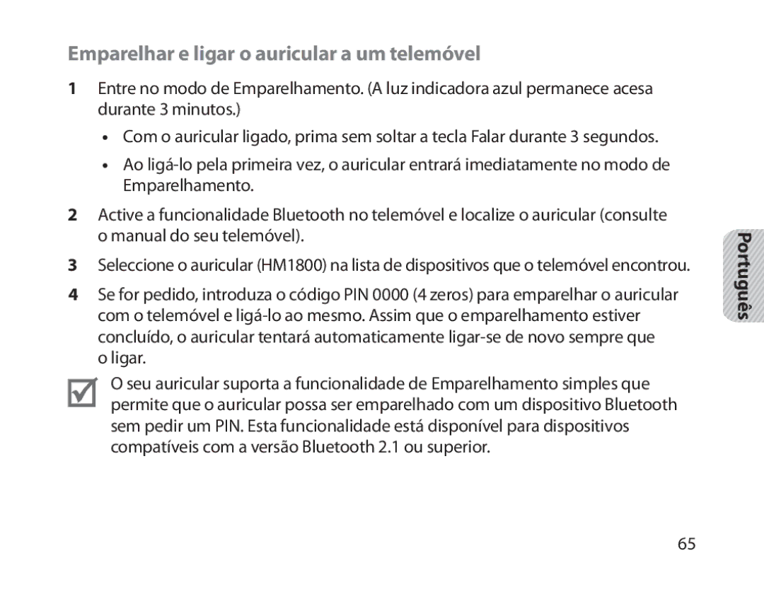 Samsung BHM1800EDECXEV, BHM1800EDECXEF, BHM1800EDECXEH, BHM1800EDECEUR manual Emparelhar e ligar o auricular a um telemóvel 