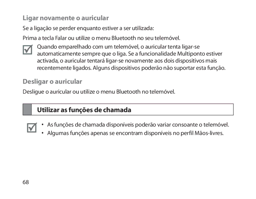 Samsung BHM1800EDECHAT, BHM1800EDECXEF Ligar novamente o auricular, Desligar o auricular, Utilizar as funções de chamada 