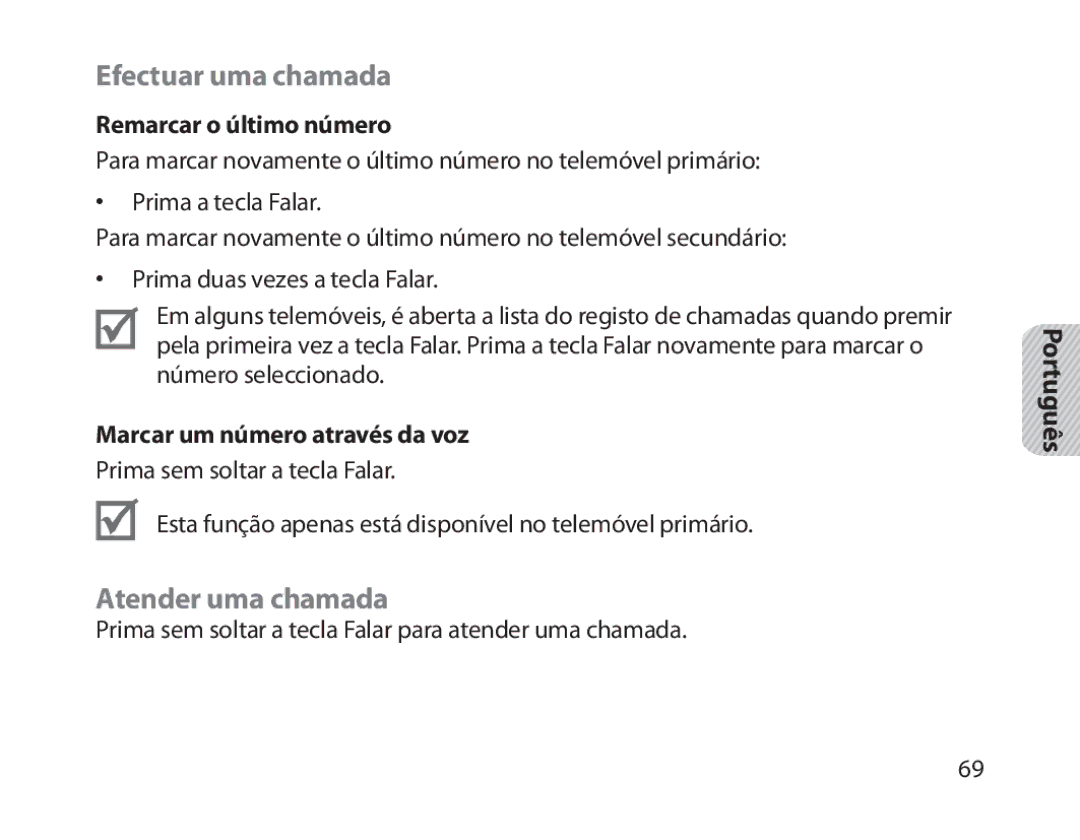 Samsung BHM1800EDRCSER, BHM1800EDECXEF, BHM1800EDECXEV Efectuar uma chamada, Atender uma chamada, Remarcar o último número 