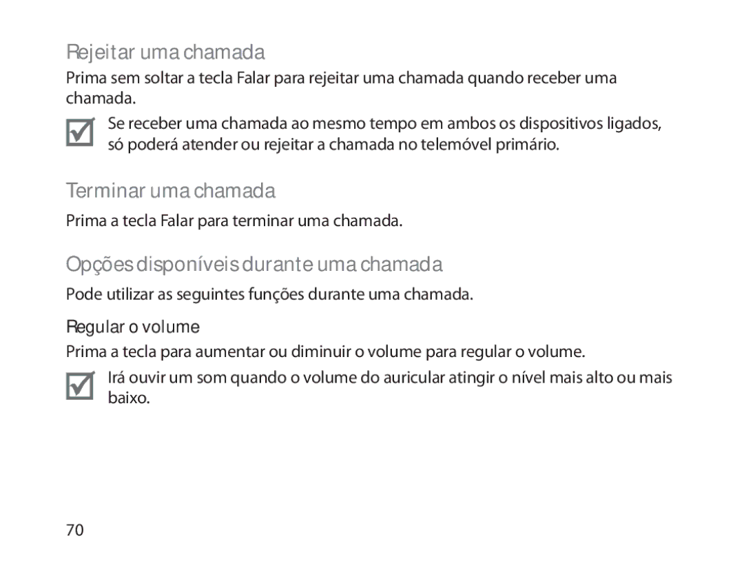 Samsung BHM1800EDECXEF, BHM1800EDECXEV Rejeitar uma chamada, Terminar uma chamada, Opções disponíveis durante uma chamada 