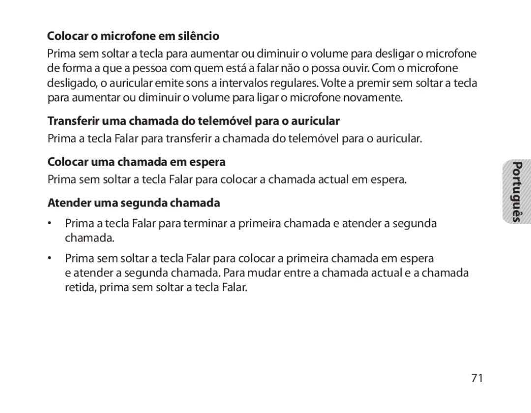 Samsung BHM1800EDECXEV manual Colocar o microfone em silêncio, Transferir uma chamada do telemóvel para o auricular 