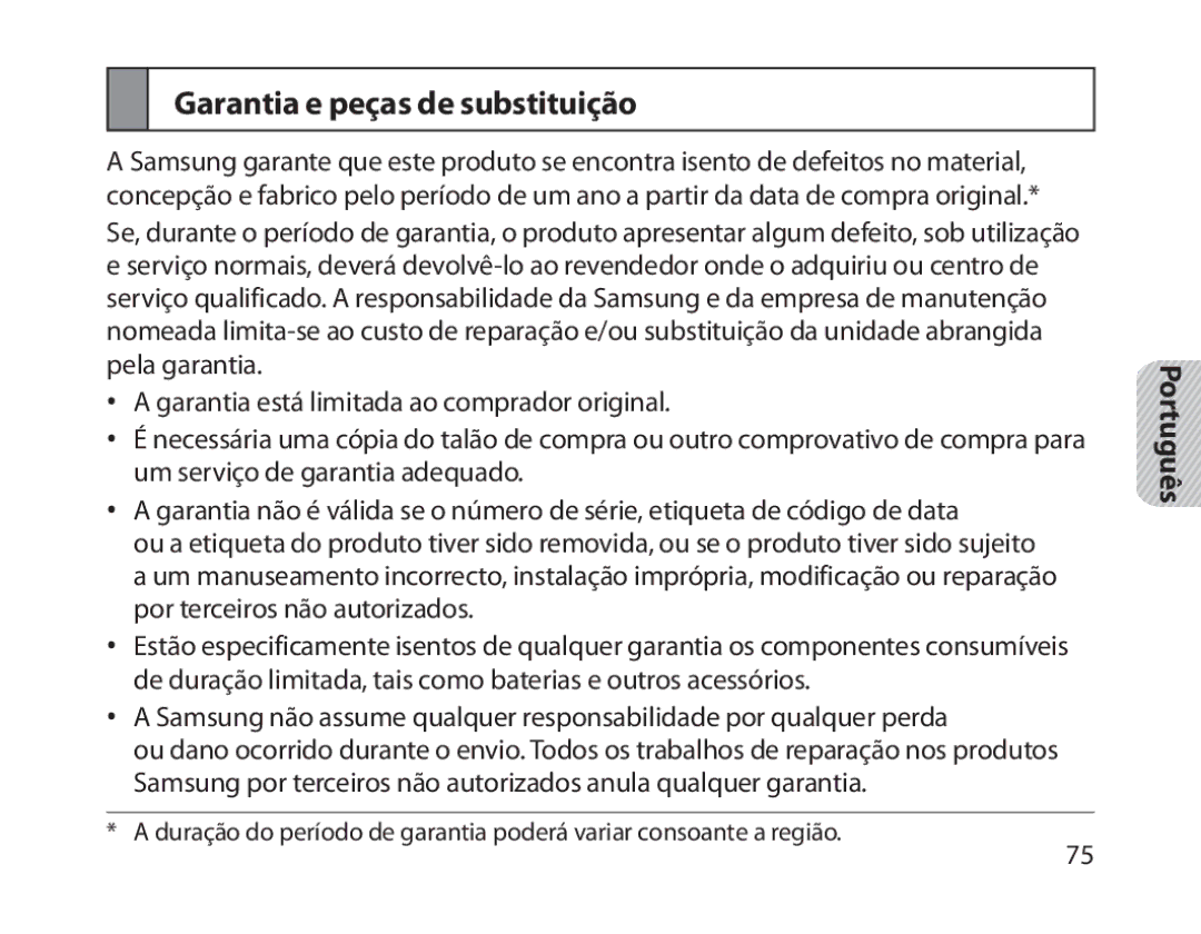 Samsung BHM1800EDRCSER, BHM1800EDECXEF, BHM1800EDECXEV, BHM1800EDECXEH, BHM1800EDECEUR manual Garantia e peças de substituição 