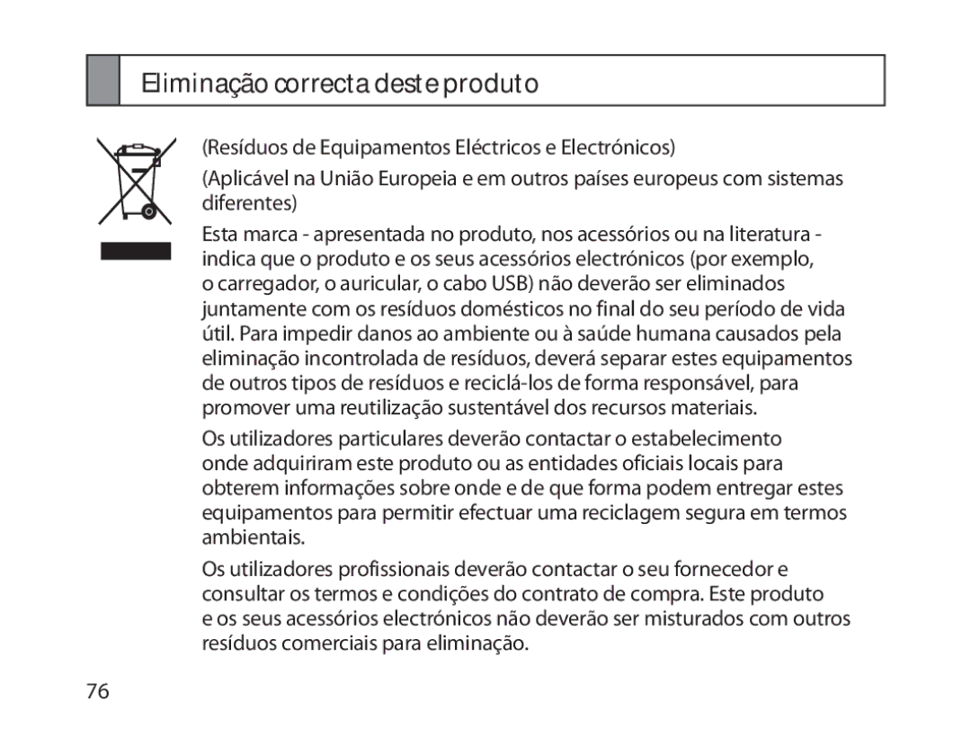 Samsung BHM1800EDECXEF, BHM1800EDECXEV, BHM1800EDECXEH, BHM1800EDECEUR, BHM1800EDECHAT manual Eliminação correcta deste produto 