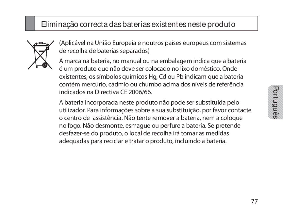 Samsung BHM1800EDECXEV, BHM1800EDECXEF, BHM1800EDECXEH manual Eliminação correcta das baterias existentes neste produto 