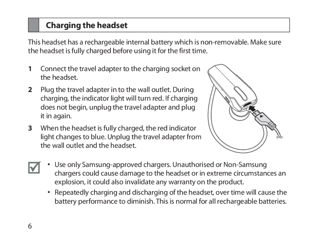 Samsung BHM1800EDECXEH, BHM1800EDECXEF, BHM1800EDECXEV, BHM1800EDECEUR, BHM1800EDECHAT, BHM1800EDRCSER Charging the headset 