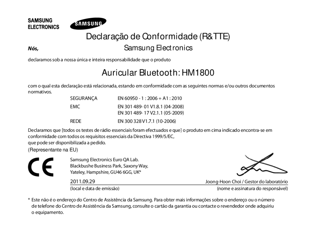 Samsung BHM1800EDECEUR, BHM1800EDECXEF, BHM1800EDECXEV, BHM1800EDECXEH, BHM1800EDECHAT manual Declaração de Conformidade R&TTE 