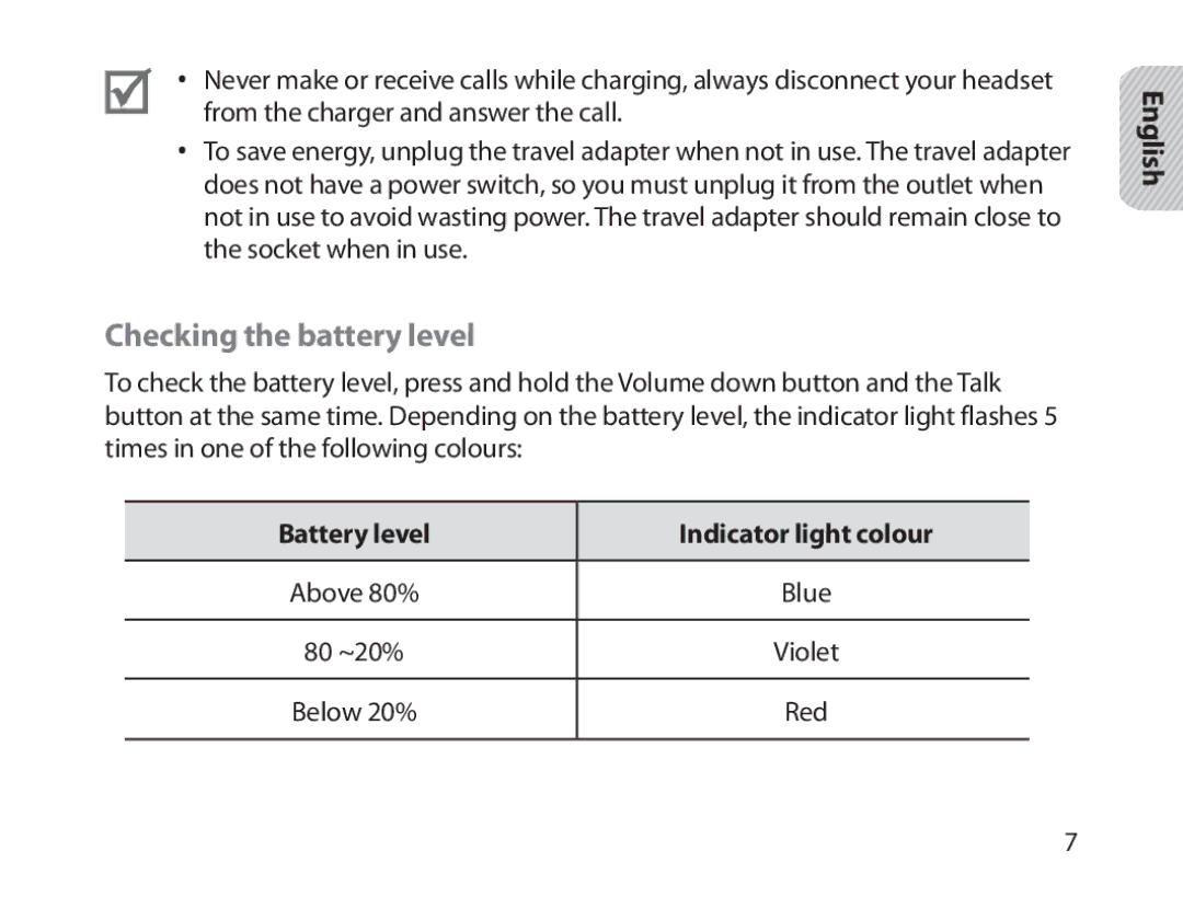 Samsung BHM1800EDECEUR, BHM1800EDECXEF, BHM1800EDECXEV Checking the battery level, Battery level Indicator light colour 