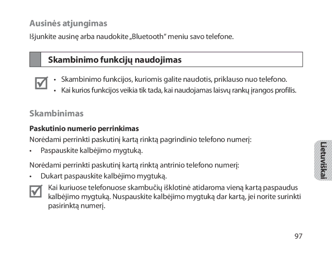 Samsung BHM1800EDRCSER Ausinės atjungimas, Skambinimo funkcijų naudojimas, Skambinimas, Paskutinio numerio perrinkimas 