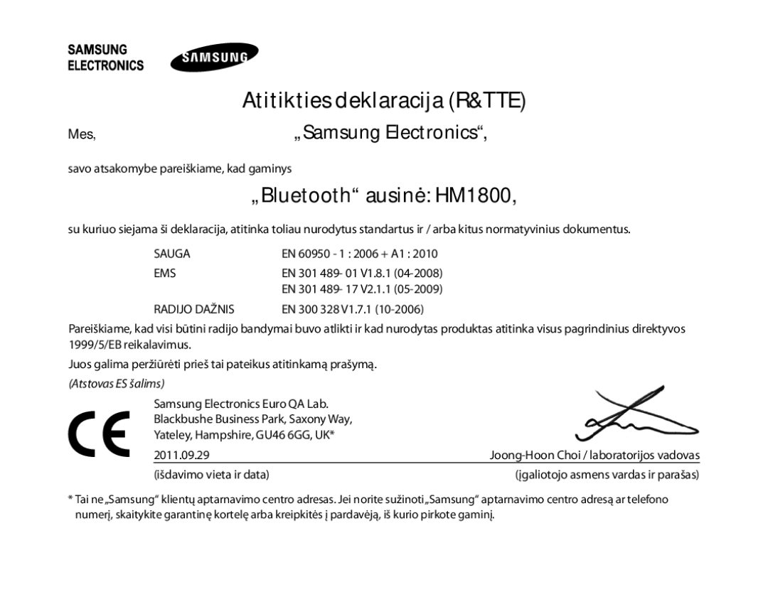 Samsung BHM1800EDRCSER manual „Bluetooth ausinė HM1800, Atitikties deklaracija R&TTE, „Samsung Electronics 