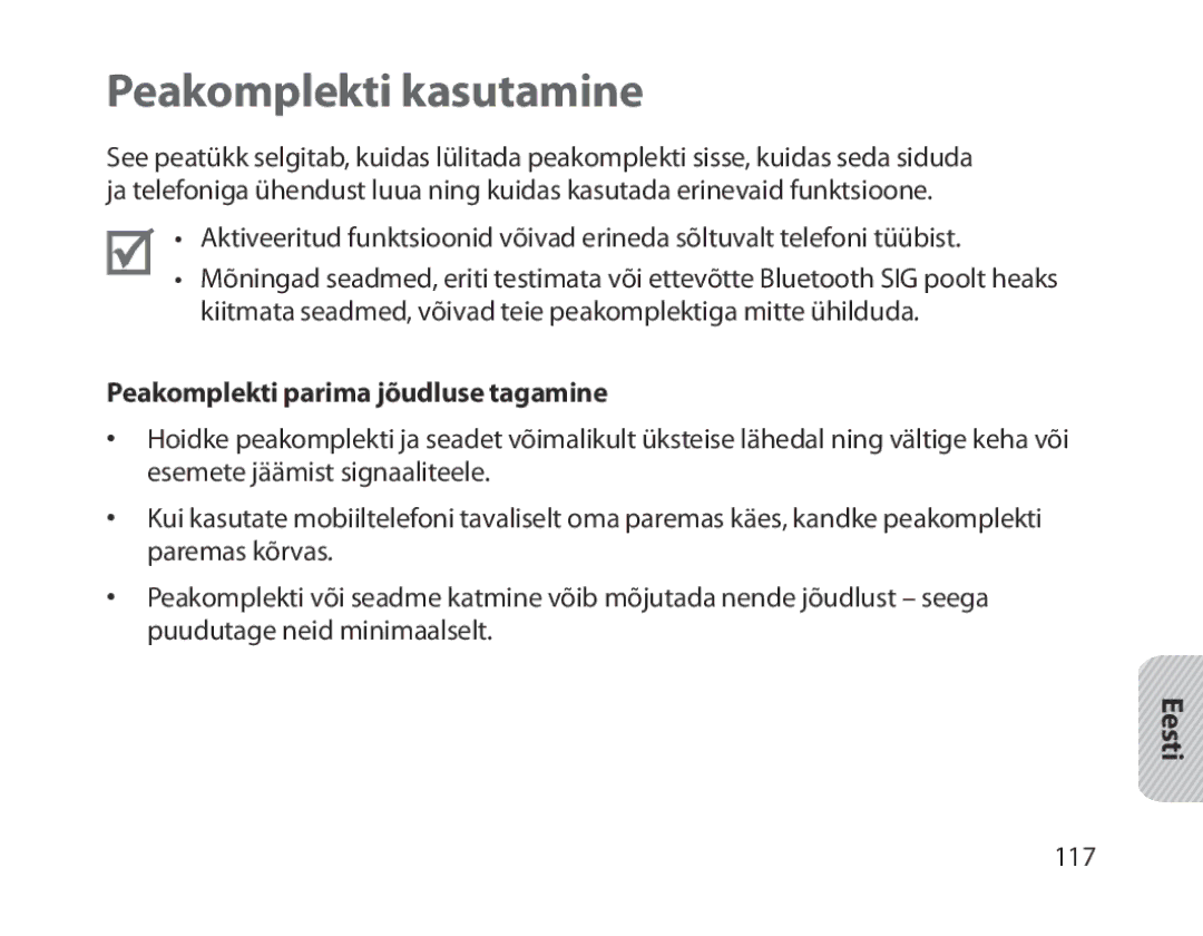 Samsung BHM1800EDRCSER manual Peakomplekti kasutamine, Eesti, Peakomplekti parima jõudluse tagamine 