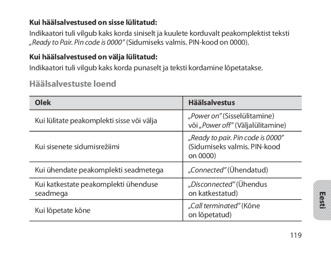 Samsung BHM1800EDRCSER manual Häälsalvestuste loend, Kui häälsalvestused on sisse lülitatud, Olek Häälsalvestus 