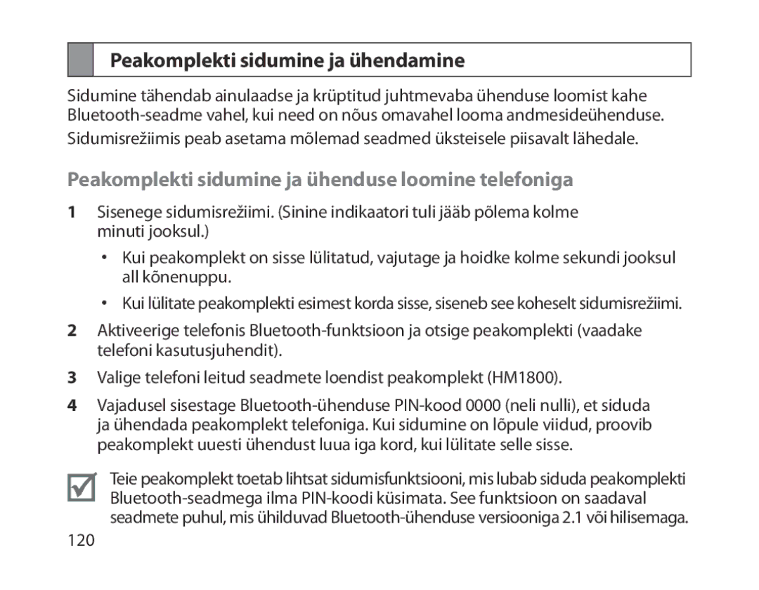 Samsung BHM1800EDRCSER manual Peakomplekti sidumine ja ühendamine, Peakomplekti sidumine ja ühenduse loomine telefoniga 