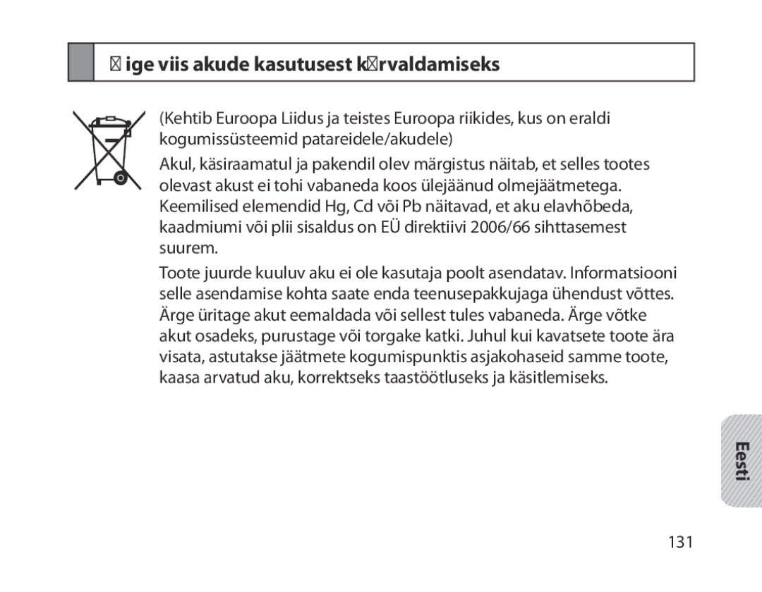 Samsung BHM1800EDRCSER manual Õige viis akude kasutusest kõrvaldamiseks, Eesti 