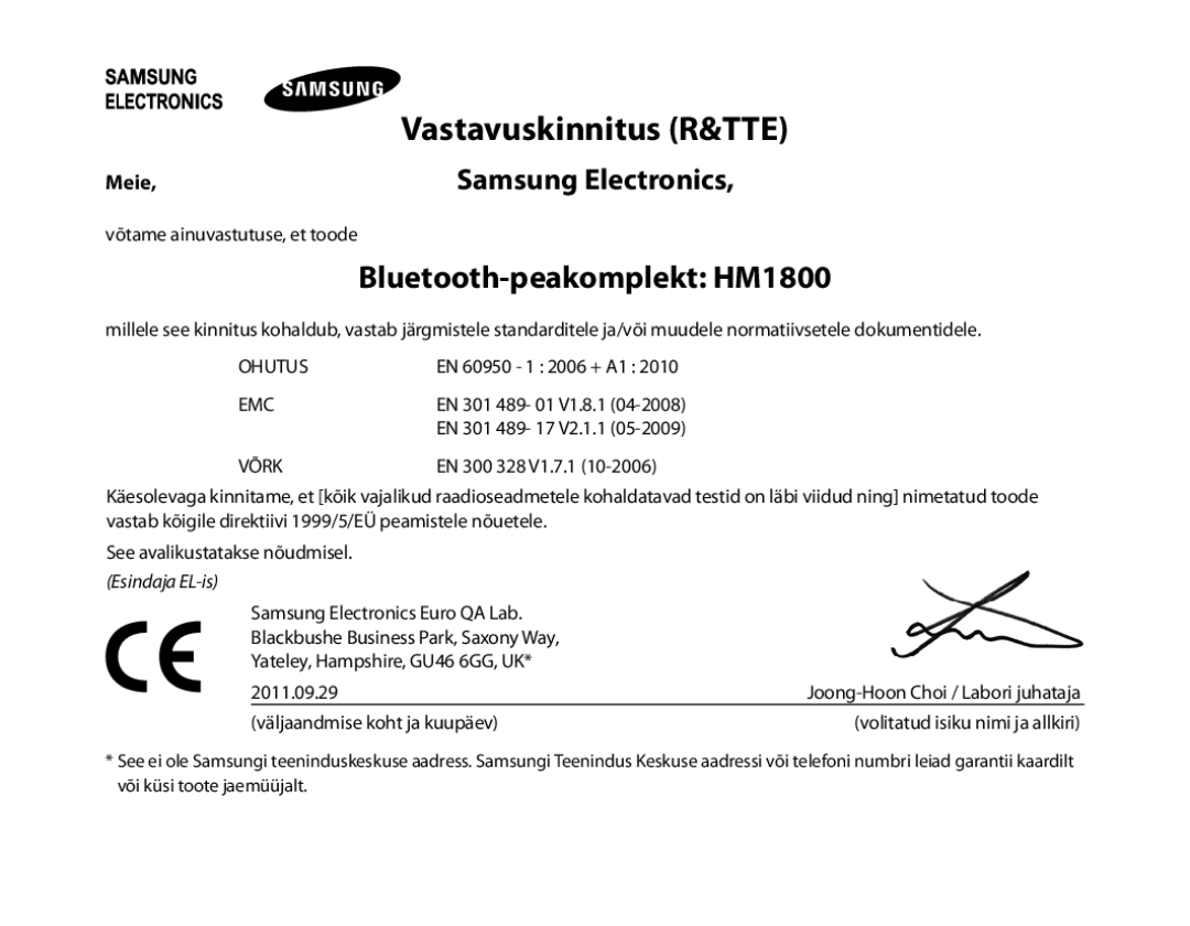 Samsung BHM1800EDRCSER manual Vastavuskinnitus R&TTE, Bluetooth-peakomplekt HM1800 