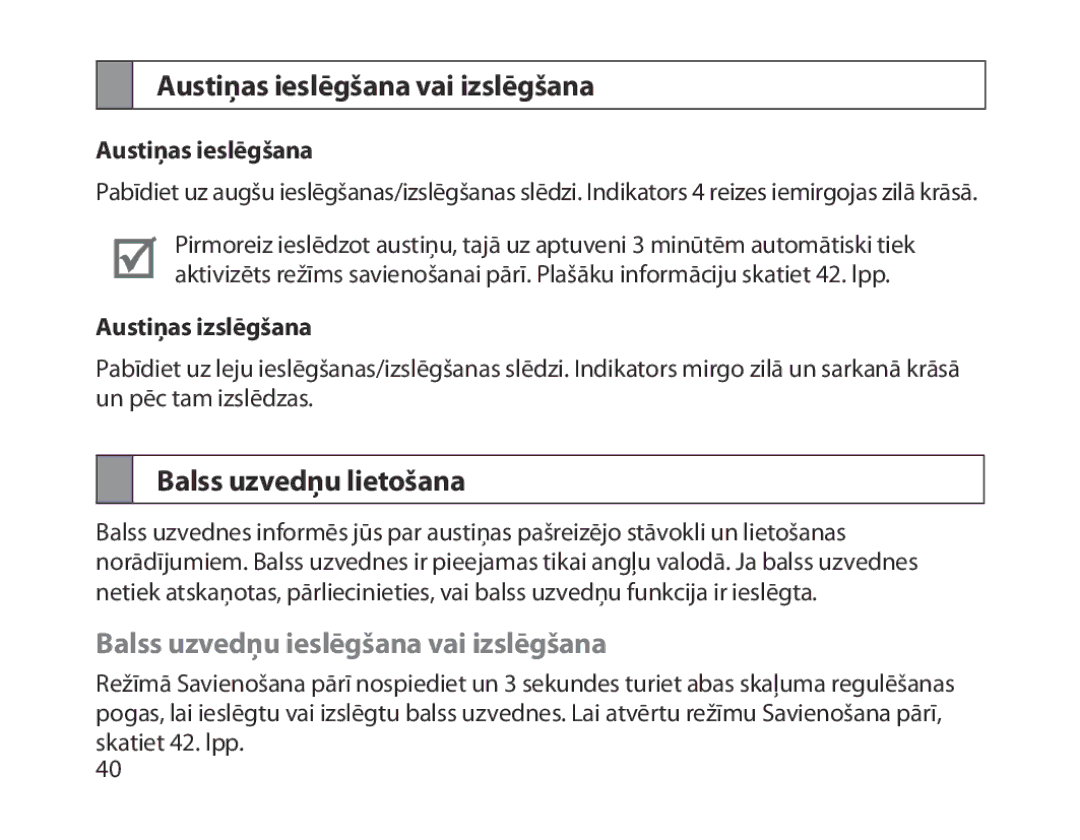 Samsung BHM1800EDRCSER manual Austiņas ieslēgšana vai izslēgšana, Balss uzvedņu lietošana, Austiņas izslēgšana 