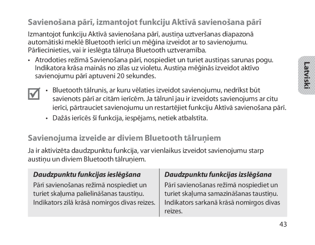 Samsung BHM1800EDRCSER manual Savienojuma izveide ar diviem Bluetooth tālruņiem, Daudzpunktu funkcijas ieslēgšana 