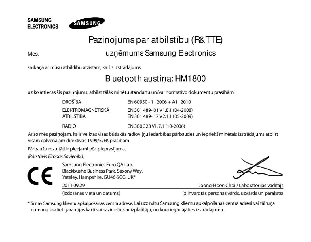 Samsung BHM1800EDRCSER manual Paziņojums par atbilstību R&TTE, Bluetooth austiņa HM1800, Uzņēmums Samsung Electronics 