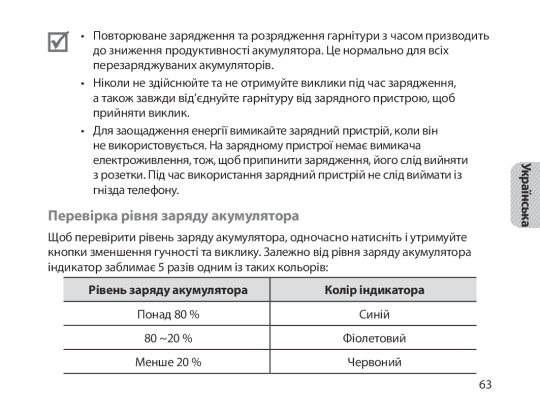 Samsung BHM1800EDRCSER manual Перевірка рівня заряду акумулятора, Рівень заряду акумулятора Колір індикатора 