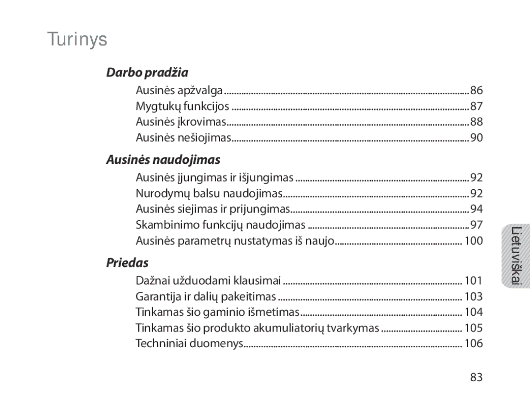 Samsung BHM1800EDRCSER manual Turinys, Lietuviškai 