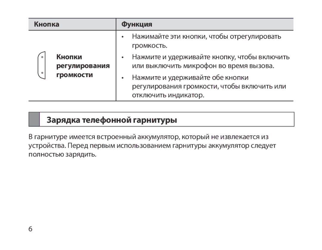 Samsung BHM1800EDRCSER manual Зарядка телефонной гарнитуры, Кнопка Функция, Кнопки, Регулирования, Громкости 