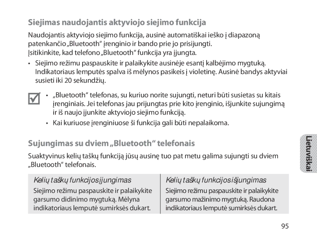 Samsung BHM1800EDRCSER manual Siejimas naudojantis aktyviojo siejimo funkcija, Sujungimas su dviem„Bluetooth telefonais 