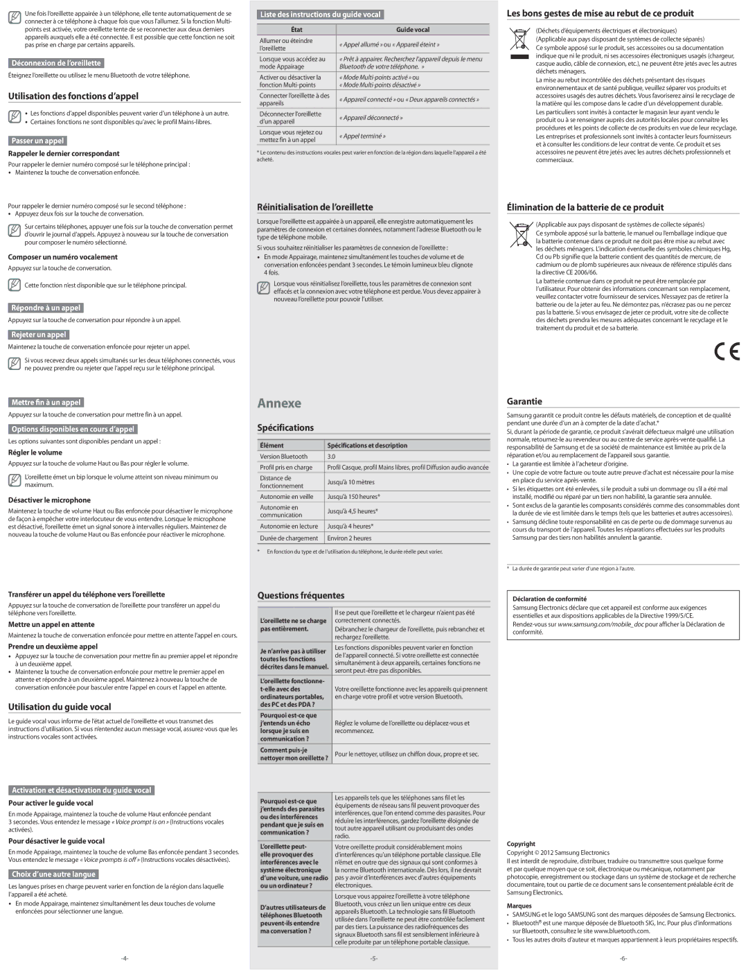 Samsung BHM1900EPECXEF manual Utilisation des fonctions d’appel, Réinitialisation de l’oreillette, Spécifications, Garantie 