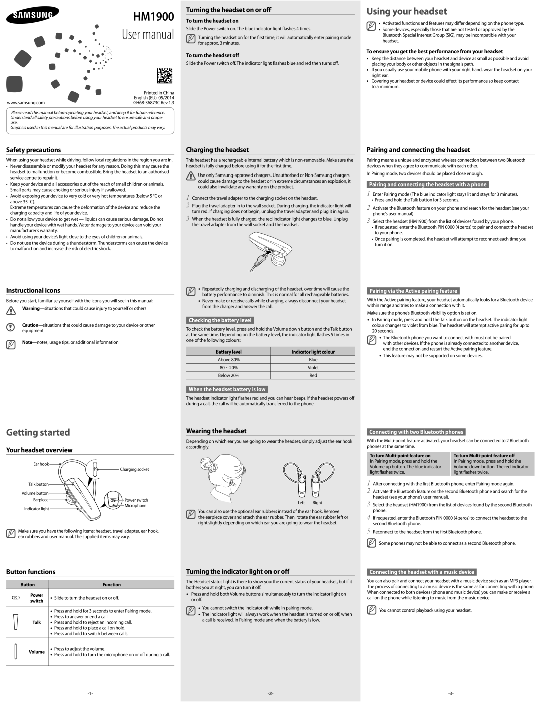 Samsung BHM1900EDECXEF manual Safety precautions, Instructional icons, Your headset overview, Charging the headset 