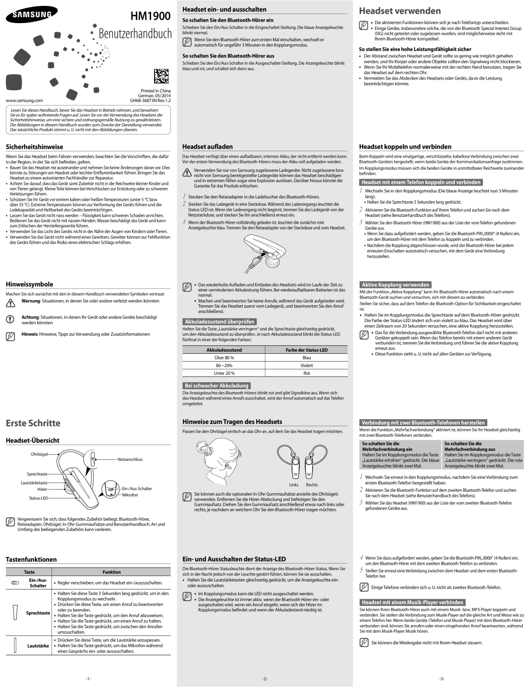 Samsung BHM1900EDECXEG manual Sicherheitshinweise, Hinweissymbole, Headset-Übersicht, Tastenfunktionen, Headset aufladen 