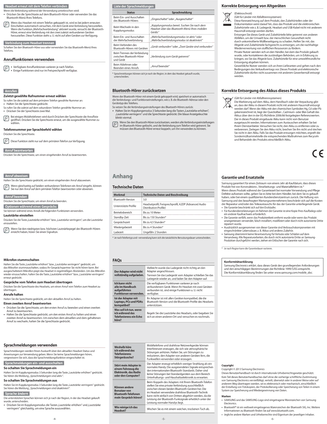 Samsung BHM1900EDECXEG manual Anruffunktionen verwenden, Sprachmeldungen verwenden, Bluetooth-Hörer zurücksetzen, FAQs 