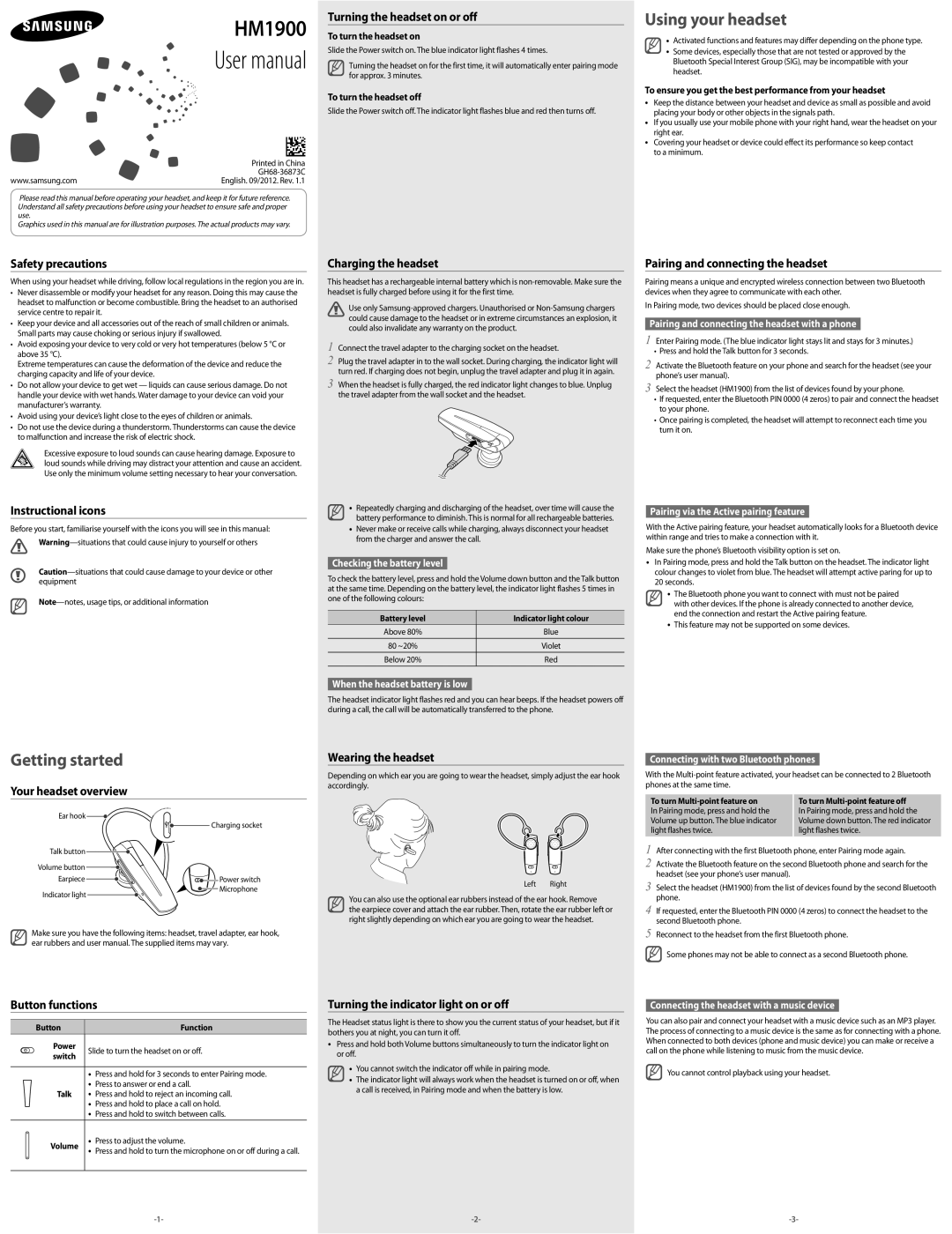 Samsung BHM1900EDECXEV manual Safety precautions, Instructional icons, Your headset overview, Charging the headset 