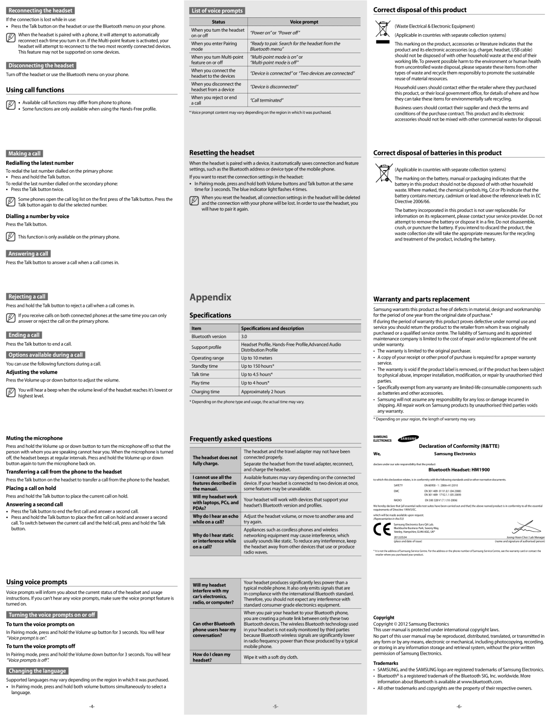 Samsung BHM1900EDECXEV manual Using call functions, Correct disposal of this product, Resetting the headset, Specifications 