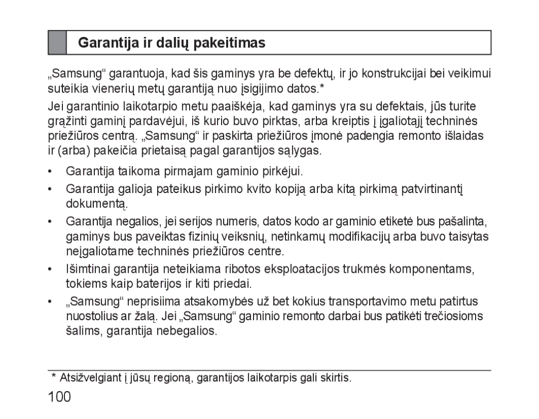 Samsung BHM3100EBECSER manual Garantija ir dalių pakeitimas 