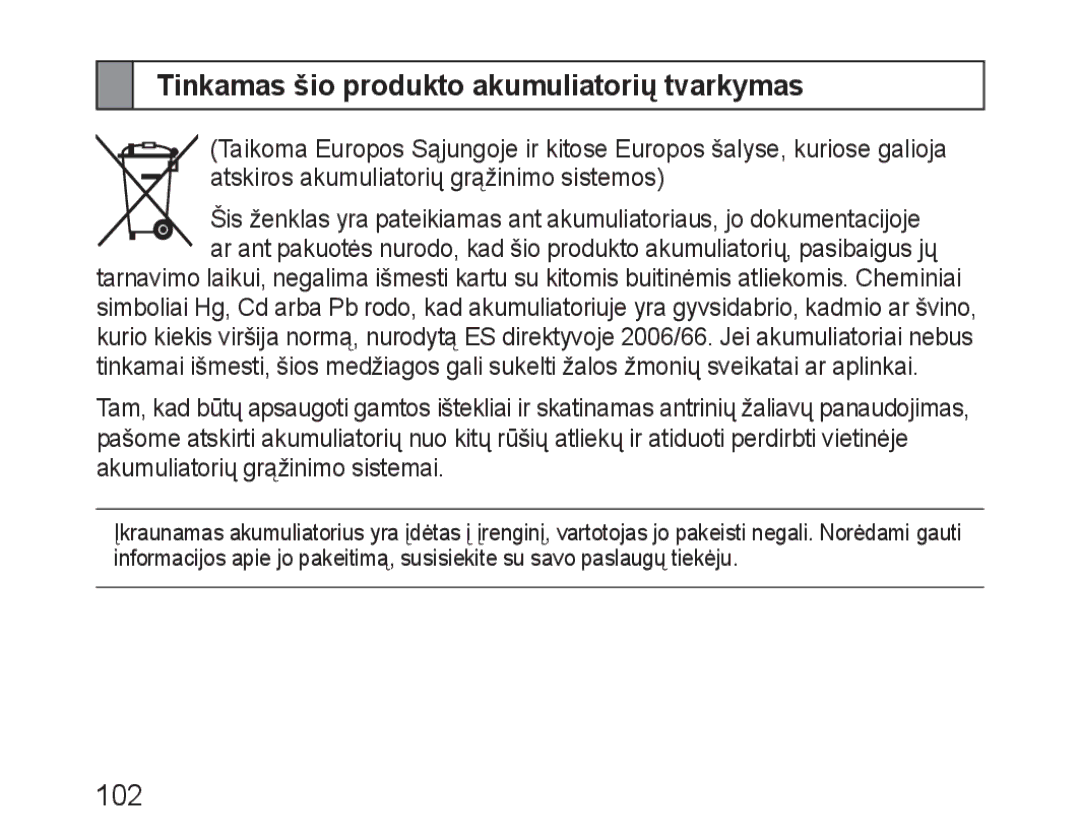 Samsung BHM3100EBECSER manual Tinkamas šio produkto akumuliatorių tvarkymas 