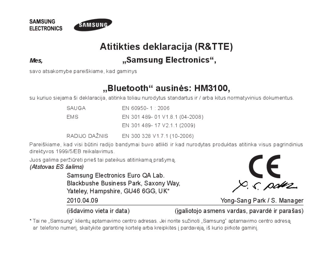 Samsung BHM3100EBECSER manual Atitikties deklaracija R&TTE, „Bluetooth ausinės HM3100 