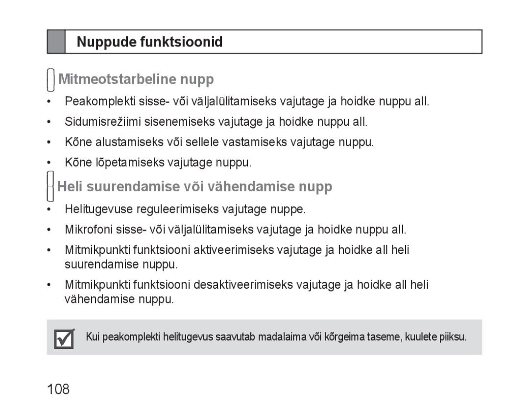 Samsung BHM3100EBECSER manual Nuppude funktsioonid, Mitmeotstarbeline nupp, Heli suurendamise või vähendamise nupp 