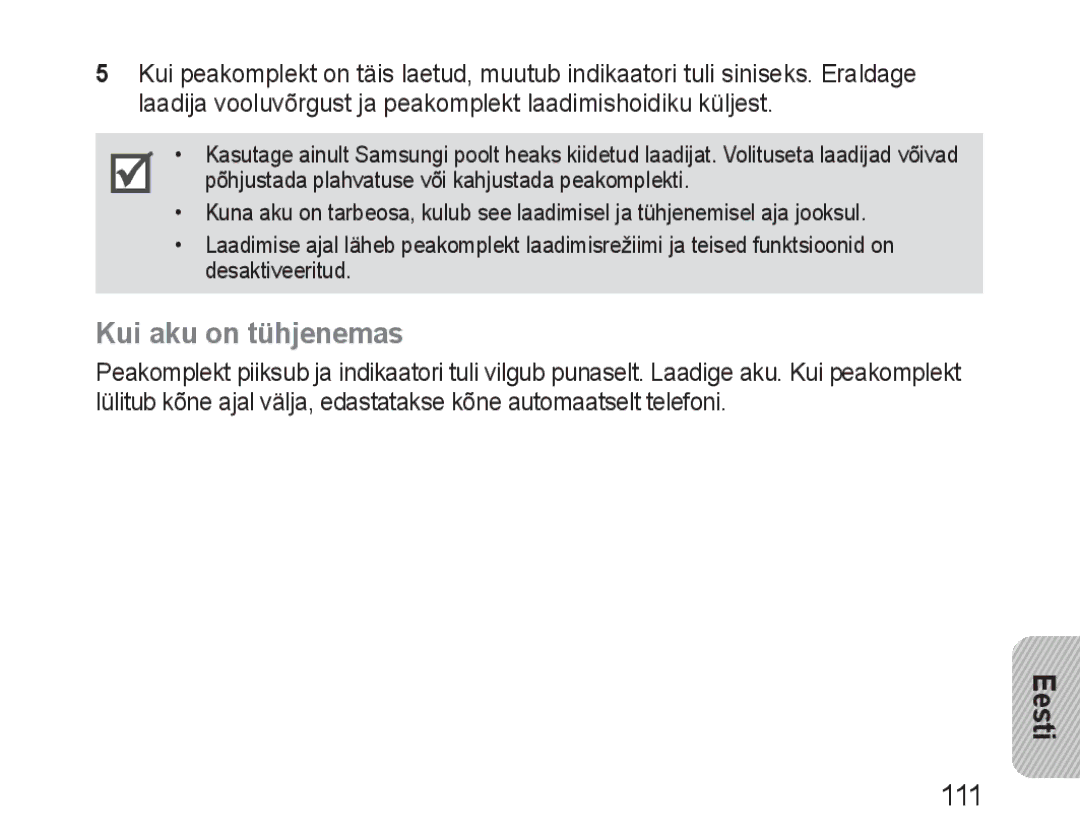 Samsung BHM3100EBECSER manual Kui aku on tühjenemas 