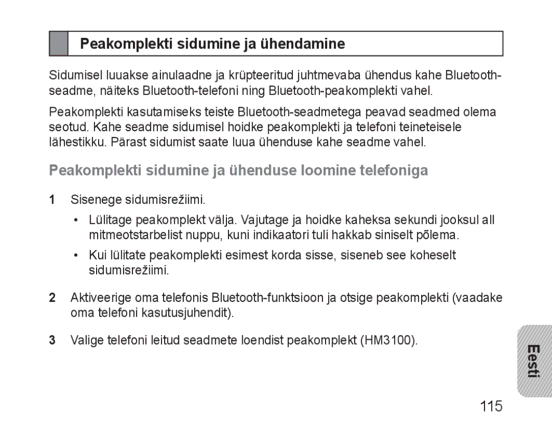 Samsung BHM3100EBECSER manual Peakomplekti sidumine ja ühendamine, Peakomplekti sidumine ja ühenduse loomine telefoniga 