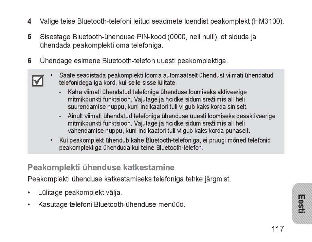 Samsung BHM3100EBECSER manual Peakomplekti ühenduse katkestamine, Eesti 