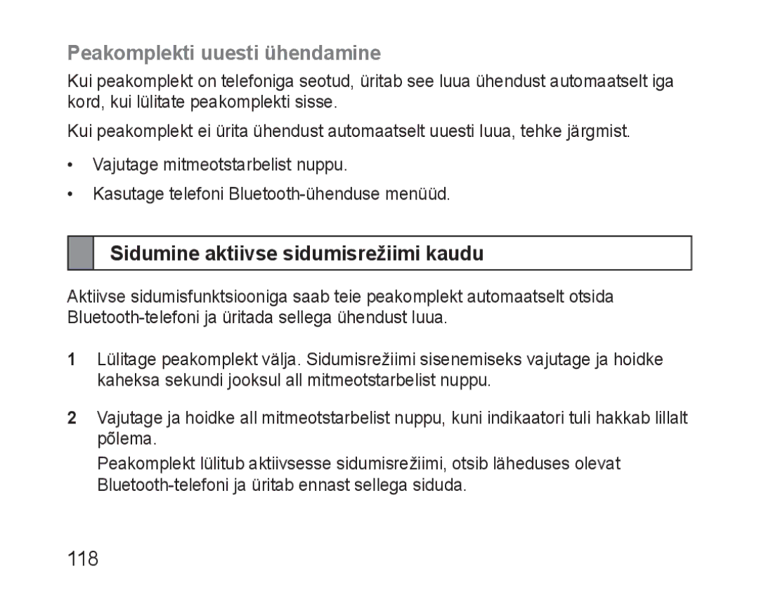 Samsung BHM3100EBECSER manual Peakomplekti uuesti ühendamine, Sidumine aktiivse sidumisrežiimi kaudu 