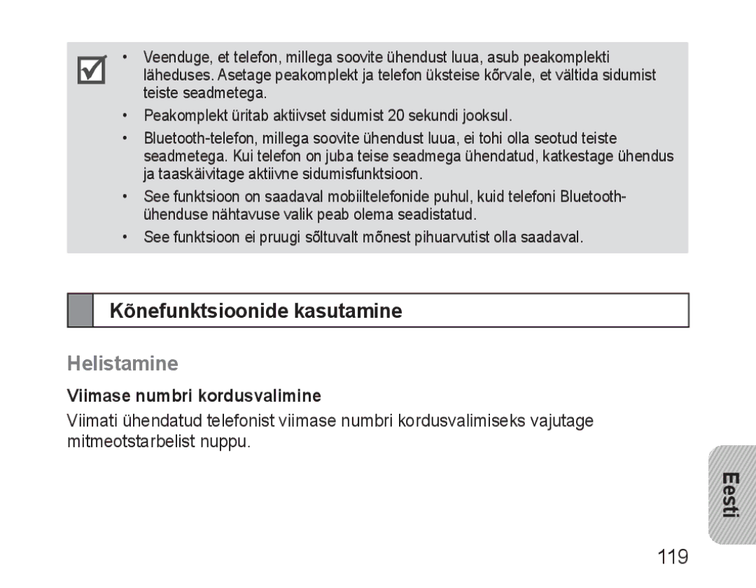 Samsung BHM3100EBECSER manual Kõnefunktsioonide kasutamine, Helistamine, Viimase numbri kordusvalimine 