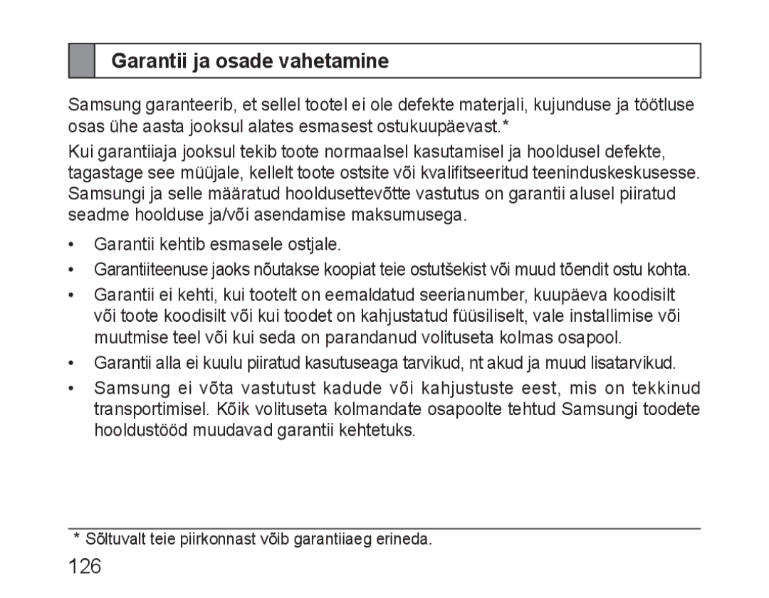 Samsung BHM3100EBECSER manual Garantii ja osade vahetamine 