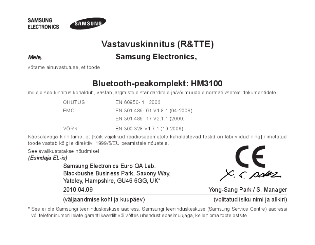 Samsung BHM3100EBECSER manual Vastavuskinnitus R&TTE, Bluetooth-peakomplekt HM3100 