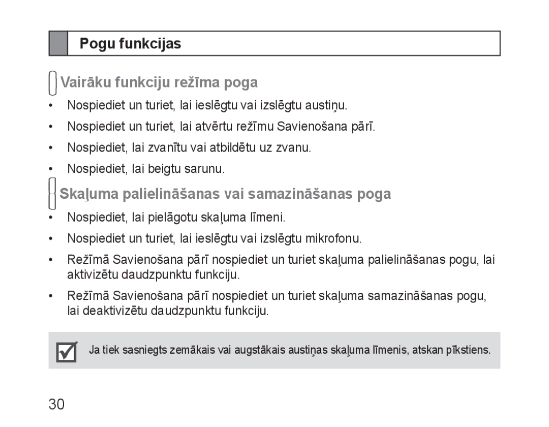 Samsung BHM3100EBECSER manual Pogu funkcijas, Vairāku funkciju režīma poga, Skaļuma palielināšanas vai samazināšanas poga 