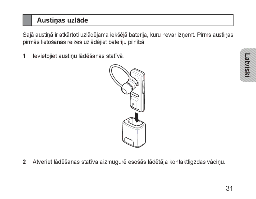 Samsung BHM3100EBECSER manual Austiņas uzlāde 